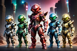 chibi, full body, 5boys, standing, funny pose, intricate detailed 5 colours armored and helmet, red, green, blue, yellow, pink, black, white, futuristic tech, modern technologic, same body size, full face mask, tech filigrane, fullbody_view, space background,chibi style,3d style,mecha,cyberpunk style