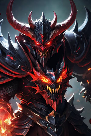 (masterpiece, top quality, best quality, official art, beautiful and aesthetic), 1boy, male, fully armored, masked, blood magic, draconic armor, happy face, red and black color scheme, glowing eyes, red demonic horns, demon god, demon king, red eyes, epic, demonic halo, (dynamic angle), abyssal, splash art, highest definition, dark background, gradient background, dslr,  captured with Sony A7S III high resolution digital camera,