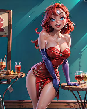 (JessicaWaifu:1),1girl, cute, looking at viewer, (red hair, blue eyes), (red dress), (strapless dress, elbow gloves, orgasm face, red lips, makeup, cleavage), ((extremely curvy)), sexy, leaning forward, breast focus, smile, (detailed ladscape, bar, table:1.2), (background), (dynamic_angle:1.2), (dynamic_pose:1.2), (rule of third_composition:1.3), (dynamic_perspective:1.2), (dynamic_Line_of_action:1.2), solo, wide shot,(masterpiece:1.2), (best quality, highest quality), (ultra detailed), (full-body-shot:1), (Cowboy-shot:1.2), (50mm), (highly detailed:1.2),(detailed face:1.2), detailed_eyes,(gradients),(ambient light:1.3),(cinematic composition:1.3),(HDR:1),Accent Lighting,extremely detailed CG unity 8k wallpaper,original, highres,(perfect_anatomy:1.2) ,