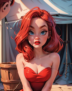 (JessicaWaifu:1),1girl, cute, looking at viewer, (jessica rabbit wavy red hair, blue eyes), (red dress), (strapless dress, long purple satin gloves, sexy face, red lips, makeup, cleavage), ((extremely curvy)), sexy, leaning forward, breast focus, sexy face, charming face,(detailed ladscape, backstage, dressing room, glamour:1.2), (background), (dynamic_angle:1.2), (dynamic_pose:1.2), (rule of third_composition:1.3), (dynamic_perspective:1.2), (dynamic_Line_of_action:1.2), solo, wide shot,(masterpiece:1.2), (best quality, highest quality), (ultra detailed), (8k, 4k, intricate),(full-body-shot:1), (Cowboy-shot:1.2), (50mm), (highly detailed:1.2),(detailed face:1.2), detailed_eyes,(gradients),(ambient light:1.3),(cinematic composition:1.3),(HDR:1),Accent Lighting,extremely detailed CG unity 8k wallpaper,original, highres,(perfect_anatomy:1.2) ,SAM YANG, 3DMM, Detailedface, Detailedeyes