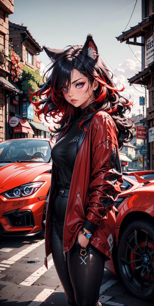 1girl,baggy clothing,black hair,red hair,multi color hair,long hair,wolf ears,goth,wild hair,black clothing,red clothing,hair over one eye,sports car in background,Color Booster,Sexy Women 