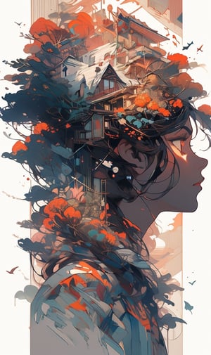 a colorful digital artwork of a woman's head and branches, in the style of haunting houses, graceful surrealism, depictions of urban life, dark sky-blue and orange, portraitures with hidden meanings, caricature-like illustrations, metropolis meets nature ,midjourney, double exposure,