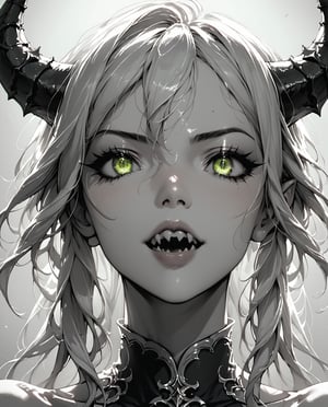 score_9, score_8_up, score_7_up, BREAK, source_anime,
monochrome green style, close up, 1girl, demon girl, horns, sharp teeth, lime colored eyes, looking at viewer, 
hard lighting, best quality, intricate, highly detailed, masterpiece,Expressiveh,



colorvsgrey, monochrome, greyscale