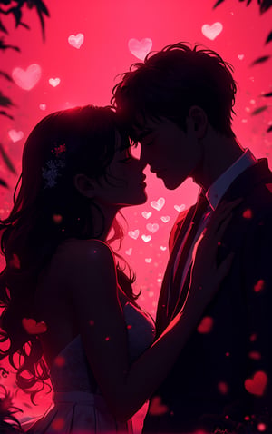 score_9, score_8_up, score_7_up, score_7, score_6_up, score_5_up,(Anime style), black siluette, (close up:1.4), 1woman,1man,floating red hearts, pink mist, kiss, closed eyes, romantic atmosphere, stunning, film gain, reij-drkrt, dark colored shadow, neon details, low contrast, (red color grading), 