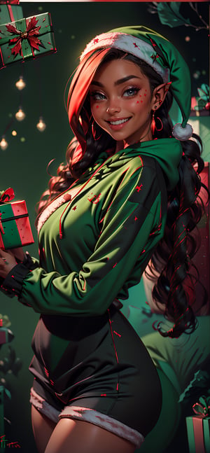21yo DV_Manuela_Vicious ((Black Theme, santa green backdrop:1.4))  (red long curls :1.4)wearing (santa green sweatshirt :1.4) 35mm, F/2.8 
(smiling at viewer  :1.5) (receiving a red gift:1.7),More Detail,ChristmasElf