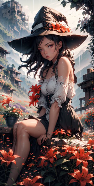 masterpiece, best quality, witch (1girl:1.2), portrait, medium shot, flowers, (sitting in the flower field:1.4), soft, cozy, ,Spider Lily, mountains, Rain,  Color Booster,Sexy Women 