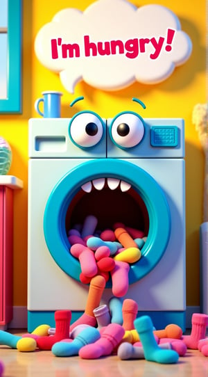 A CG washing machine with wide eyes and an open mouth, clothes dripping out like a messy tongue, with a big speech bubble saying "I'm hungry!" Colorful socks and shirts spill from its door, as if the machine is devouring them. The setting is a bright, fun laundry room with exaggerated, bubbly features, and playful colors. The atmosphere is humorous and lighthearted, filled with fun chaos. Bold, playful outlines with vivid colors and smooth gradients