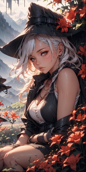 masterpiece, best quality, witch (1girl:1.2), portrait, medium shot, flowers, (sitting in the flower field:1.4), soft, cozy, ,Spider Lily, mountains, Rain,  Color Booster,Sexy Women 