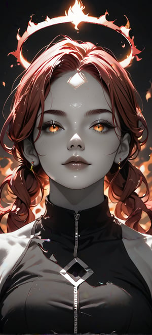 , score_9, score_8_up, score_7_up, striped crimson hair, fiery look, fire halo, (black background, spot color, selective color, selective_coloring, grayscale skin, monochrome:0.5, grayscale:0.5),