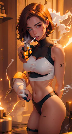 expressive eyes, perfect face, brown_eyes, panties, skimpy croptop, skimpy, slutty, prefect breast, (aiming at viewer, holding handgun), (((smoking cigarette))), shooting, muzzle flash,aiming at viewer,Sexy Women ,More Detail,Color Booster