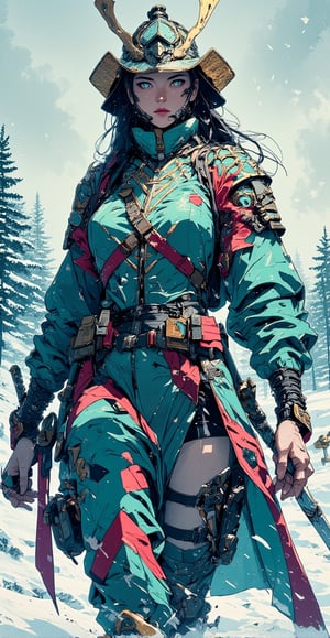 cyberpunk anime style, a stunning japanese female warrior, long flowing hair, wearing samurai armour and helmet, holding a katana with both hands on a snowy battlefield, theme in teal, red and black colour, high quality, highly detailed