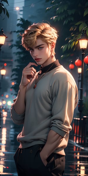 handsome male,muscular,handsome male,muscular,blonde hair,bangs,ribbed sweater,pendant,best quality,scowl,hand_to_mouth,in the rain,in winter,Spider Lily