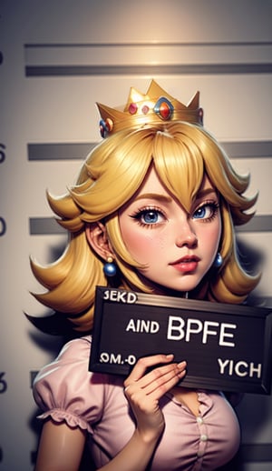 , mugshot, height chart, 1girl, upper body, holding sign, looking at viewer,  prison clothes, striped shirt,  princess peach,  blonde hair, crown, ,Peach_SMP