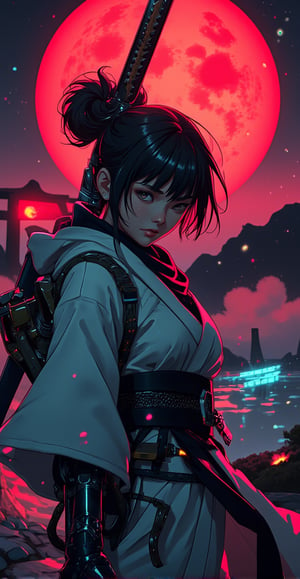 An overhead close-up shot captures the cyborg warrior as she lifts her katana high above her head, the blade dominating the frame and glowing with the crimson light of the red moon. The focus shifts from the sharp edge of the katana to her mechanical jaw and intense eyes beneath her short, double pom-pom hair. Her baggy kimono and flowing scarf add intricate textures to the scene as they ripple in the wind. In the background, blurred out, two mountains and a giant torii gate loom under the red moonlight, with volumetric fog and cyan-red lights creating an otherworldly ambiance
retro cyberpunk anime,, hkwarrior, , detailmaximizer
 , aidmaGlow,