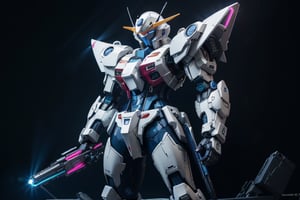 Gundam, solo, looking_at_viewer, blue_eyes, standing, no_humans, glowing, robot, mecha, glowing_eyes, clenched_hands, science_fiction, straight-on, v-fin, mobile_suit, cinematic lighting, strong contrast, high level of detail, Best quality, masterpiece, neon background, (wide angle:1.4), 