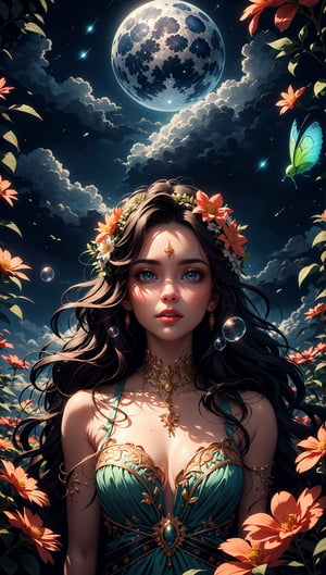 (high quality:1.2), (best quality:1.2), (masterpiece:1.2), official art, official wallpaper, surreal, beautifulgoddess, (woman:1.1), (long wavy hair:1.1), (flower crown:1.1), (celestial:1.2), (divine:1.2), (mystical creatures:1.1), (floating islands:1.1), (detailed landscape:1.1), (magic in the air:1.1), (stardust:1.1), night sky, (whimsical atmosphere:1.1), (dreamlike world:1.1), (bubbles:1.1), (luna moths:1.1), (moonlight:1.1), enchanted forest, (wisdom:1.1), (powerful energy:1.1), (guardian angels:1.1), (creation:1.2), (peaceful:1.1), vibrant colors, HDR, (detailed:1.05), (extremely detailed:1.06), sharp focus, (intricate:1.03), (extremely intricate:1.04), (epic scenery:1.09), vibrant colors, (beautiful scenery:1.08), (detailed scenery:1.08), (intricate scenery:1.07), (wonderful scenery:1.05), beautiful face, (perfect eyes:0.8), (perfect skin:0.8), (detailed face:0.8), (detailed eyes:0.8), (detailed hair:0.8), (detailed lips:0.8),Color Booster