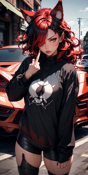 1girl,baggy clothing,black hair,red hair,multi color hair,long hair,wolf ears,goth,wild hair,black clothing,red clothing,hair over one eye,sports car in background,Color Booster,Sexy Women ,(middle finger:1.4)