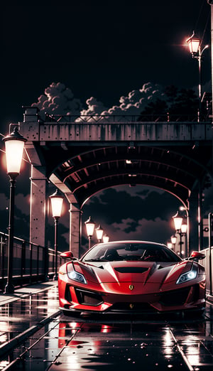 a cinematic film shot of a concept ferrari on a bridge, long exposure, hdr, realistic, dimly lit, high contrast,  shallow depth of field, moody, bokeh,
