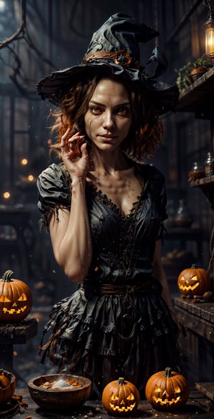 (Masterpiece,best quality,hyperdetailed), helloween theme,medieval time,cute fashionable witch girl, witch hat, curly hair, ((on bioluminescent orange-colored glow-magical-wooden-kitchen, fantasy kitchen)), solo, SaltBaeMeme, salt, baked pumkins, hot smokes pumkin food, soft lighting, dark, fogy, sharp focus, (art by Jean baptise monge&Yoji Shinkawa&WLOP&Marc Simonetti), smooth, bioluminiscent glow, (fantasy,dreamy,magical), trending on artstation, micro details, high_res,1girl,Mj Osea Style,More Detail