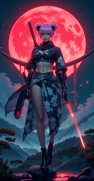 The cyborg stands confidently with one leg raised, she has the most beautiful double pom pom hair thats neon pink, her foot resting on a small rock as she holds her katana across her back, the red moonlight reflecting off the bladeâs edge. Her robotic arm grips the hilt firmly, and her other hand rests on her hip, displaying her muscular frame beneath her high-tech suit. Her baggy kimono flutters gently in the wind, adorned with traditional Japanese cloud illustrations, and her scarf sways elegantly behind her. The scene is set against two mountains and a giant torii gate, all softly illuminated by the red moon's glow, while volumetric fog and cyan-red lights give the scene a mystical, almost cinematic quality
retro cyberpunk anime,
, hkwarrior,
 , detailmaximizer
 , aidmaGlow,