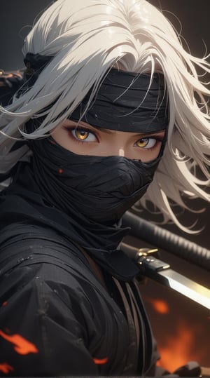 ((anime style:1.8))  (heterochromia eyes),  anime 8k Wallpaper anime art,masterpiece,perfect artwork,best quality,highly detailed,mysterious,captured in a slightly low-angle shot,1girl,female samurai warrior,(face wrapped in bandages revealing intense and eyes:1.2),floating long white hair,pretty Asian,kpop idol face,detailed eyes ,middle breasts,cleavage,perfect female body,traditional kimono,holding a katana with a fiery aura in one hand over his shoulder,silent rage and unyielding resolve in his expression,rugged elements in a dark color palette and heavy wear from battle,background with subtle hints of flame and smoke, warm tones with shades of orange and red,