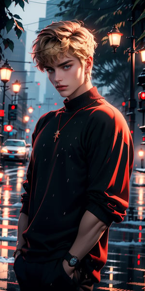 handsome male,muscular,handsome male,muscular,blonde hair,bangs,ribbed sweater,pendant,best quality,scowl,hand_to_mouth,in the rain,in winter,Spider Lily