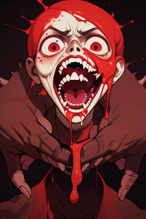 (((dark background))), masterpiece, best quality, intricate detail, horror \(theme\), night,  , looking at viewer, , saliva, blood from mouth, (open mouth:1.1), sharp teeth, anger vein, grotesque, guro, gore, vore,