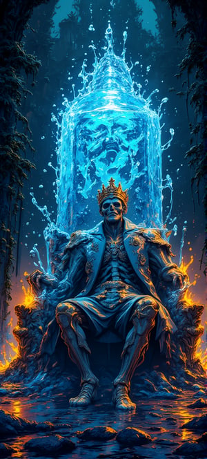 famous artwork in the style of dan mumford, an intricately detailed and dynamic scene in a dark, decaying throne room of an ancient gothic castle, low angle view of a gooey translucent gelatinous cube with rounded, oozing, dripping edges and corners, it is colored in a deep blue to light blue gradient, its magical glowing gel engulfing the skeletal remains of a once-mighty king with his imposing orante golden crown and dissolving regal attire on an intricately carved, gilded throne with elaborate filigree, the throne's luxurious design featuring detailed engravings of mythical creatures and ancient symbols, the contents of the towering gelatinous cube are slowly dissolving, creating tiny bubbles in the gel, the cube's gelatinous mass distorts the view like uneven, slightly milky glass, the scene is bathed in deep, moody colors with harsh shadows and vibrant neon highlights, tattered banners hanging from the walls, flickering torches casting sinister light across the room, the atmosphere is both ominous and otherworldly, blending horror and fantasy in a visually striking, dramatic, and epic composition,   