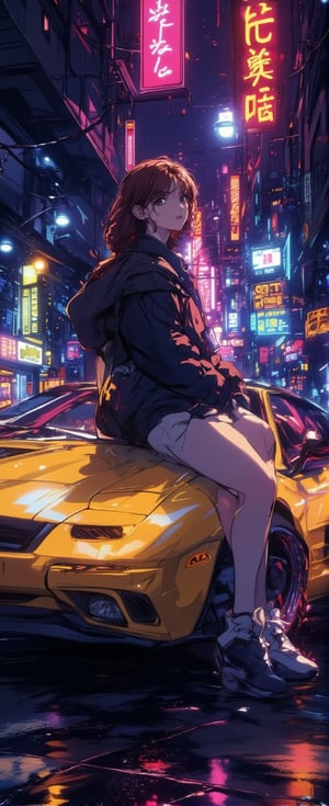 detailed illustration, illustration by Serpieri,score_9, score_7_up, (A girl sits on the hood of a sports car from 80s. Vaporwave style.
 egmid.
