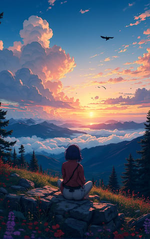 score_9, score_8_up, score_7_up, score_7, score_6_up, score_5_up,(Anime style), 4K anime wallpaper, illustration style inspired by Studio Ghibli, person on top of a mountain, looking at the horizon, watching the birds fly by, and the sun setting on the horizon, ultra high-quality detailed 