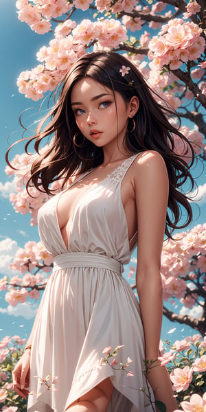 a woman in a white dress standing in front of a tree with pink flowers on it and a blue sky,Chizuko Yoshida,rossdraws global illumination,a detailed, ,Sexy Women ,More Detail