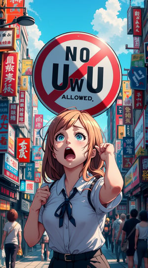 A round road sign with 'No UwU Allowed' in black bold letters, a goofy anime waifu with an over-the-top sad face looking up at it while holding it, her mouth wide open in shock, tears comically flying out of her eyes, standing in a lively city street filled with colorful signs and people, exaggerated reactions and dramatic pose, wavey mouth, anime style, bright and playful colors with cartoonish expressions