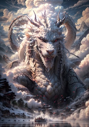 Hyperrealistic art BJ_Sacred_beast, red_eyes, (All White body:1.4), outdoors, horns, sky, teeth, day, Typhoon, (no_humans:1.3), Typhoon, scenery, smoke, mountain, dragon,
cinematic lighting,strong contrast,high level of detail,Best quality,masterpiece,, . Extremely high-resolution details, photographic, realism pushed to extreme, fine texture, incredibly lifelike,long,cloud ((by Kekai Kotaki:1.5)),sketch, BJ_Sacred_beast