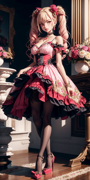 ultra detailed, sharp focus, best quality, masterpiece, colorful,  wrenchlogown, 1 gir, beautiful face, olive skin, pantyhose, high heels, frills, flower, pink dress, embroidery, dirty blond hair, puffy full lips, very long twintails, best quality, masterpiece, intricate details,dress,Color Booster, jewelery