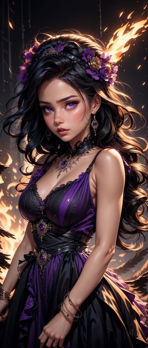 (1girl), (fantasy style:1.2), (high quality:1.3), (best quality:1.3), (masterpiece:1.3), official art, official wallpaper, 4k textures, epic(1.5), (phoenix woman), blackphoenix, black hair, (detailedfeathers), (fierywings), aggressivepose, midflight, (detailedplumage), glowingeffects, darkbackground, fire, flames, dramaticlighting, fireandicecontrast, (detailed:1.05), (extremely detailed:1.06), sharp focus, (intricate:1.03), (extremely intricate:1.04), (epic scenery:1.09), soothing tones, hdr, (beautiful scenery:1.08), (detailed scenery:1.08), (intricate scenery:1.07), (wonderful scenery:1.05), (beautiful face:1.1), (perfect eyes:0.8), (perfect skin:0.8), (detailed face:0.8), (detailed eyes:0.8), (detailed hair:0.9), (detailed lips:0.8),Sexy Women ,(purple dress gown:1.4)