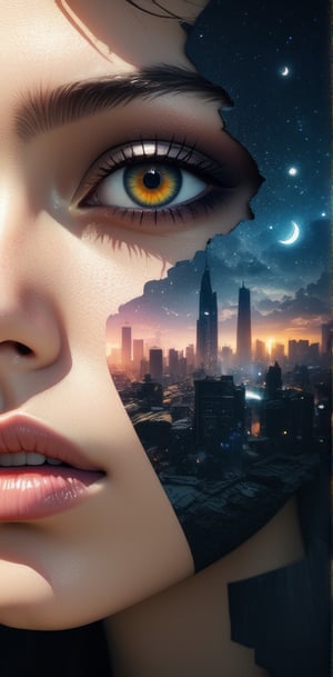  ((anime style))  (heterochromia eyes(high detailed skin:1.1),  (makeup, mascara:1.1), lips,(thick\lips\),  Beauty, realism, cinematography, rays of light, play of shadow and light, cinematic quality, Cinematic style. 
a double exposure image that combines a cityscape with a close-up of a person's face, creating a dramatic and artistic effect where the two elements merge seamlessly, The image captures the haunting beauty of a cityscape merging with the detailed features of a person's face,