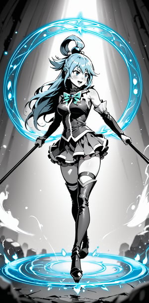 cinematic film still score_9, score_8_up, score_7_up, BREAK, source_anime, aqua \(konosuba\), long hair, blue hair, blue eyes, full body, magic circle, holding staff, fighting stance, blue light rays  (scifioutfit), , ((colorvsgray)), ((monochrome, greyscale)), . shallow depth of field, vignette, highly detailed, high budget, bokeh, cinemascope, moody, epic, gorgeous, film grain, grainy,colorvsgrey