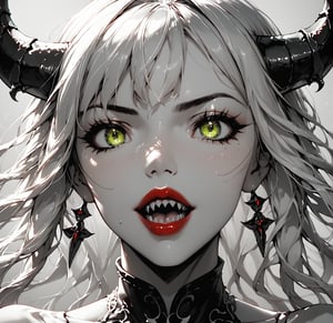 score_9, score_8_up, score_7_up, BREAK, source_anime,
monochrome green style, close up, 1girl, demon girl, horns, sharp teeth, bright lime colored eyes, Red lipstick, looking at viewer, 
hard lighting, best quality, intricate, highly detailed, masterpiece,Expressiveh,



colorvsgrey, monochrome, greyscale