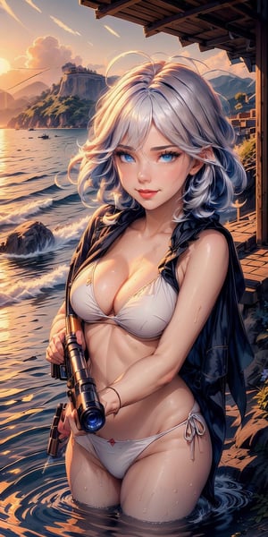(extremely detailed CG unity 8k wallpaper, masterpiece, best quality, ultra-detailed, beautiful detailed eyes:1.2) furina \(genshin impact\), heterochromia, evil smile, wet, skin, cleavage, bikini, beach, holding gun, aiming, wading, fluffy clouds, waves, sunrise, mountains, water splash 