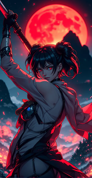 An overhead close-up shot captures the cyborg warrior as she lifts her katana high above her head, the blade dominating the frame and glowing with the crimson light of the red moon. The focus shifts from the sharp edge of the katana to her mechanical jaw and intense eyes beneath her short, double pom-pom hair. Her baggy kimono and flowing scarf add intricate textures to the scene as they ripple in the wind. In the background, blurred out, two mountains and a giant torii gate loom under the red moonlight, with volumetric fog and cyan-red lights creating an otherworldly ambiance
retro cyberpunk anime,, hkwarrior, , detailmaximizer
 , aidmaGlow,