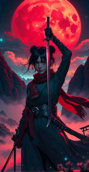 An overhead close-up shot captures the cyborg warrior as she lifts her katana high above her head, the blade dominating the frame and glowing with the crimson light of the red moon. The focus shifts from the sharp edge of the katana to her mechanical jaw and intense eyes beneath her short, double pom-pom hair. Her baggy kimono and flowing scarf add intricate textures to the scene as they ripple in the wind. In the background, blurred out, two mountains and a giant torii gate loom under the red moonlight, with volumetric fog and cyan-red lights creating an otherworldly ambiance
retro cyberpunk anime,, hkwarrior, , detailmaximizer
 , aidmaGlow,