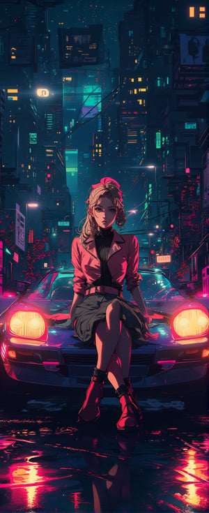 detailed illustration, illustration by Serpieri,score_9, score_7_up, (A girl sits on the hood of a sports car from 80s. Vaporwave style.
 egmid.
