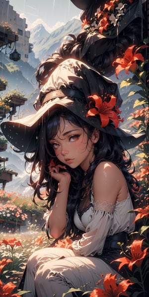 masterpiece, best quality, witch (1girl:1.2), portrait, medium shot, flowers, (sitting in the flower field:1.4), soft, cozy, ,Spider Lily, mountains, Rain,  Color Booster,Sexy Women 