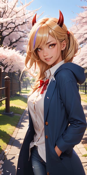 (anime style),masterpiece, best quality, ultra-detailed, glistening shiny, glowing light, ray tracing, HDR, deph of field, (perfect face, detailed face, detailed eyes),(medium boobs:1.2),8k,HD,ultra realistic face,ray tracing,perfect lighting,best quality, ultra-detailed, shiny eyes, (looking at viewer,sensual smile:1.1), ((1girl)), (gyaru, mature female:1.4),cowboy shot, power,long hair,sharp teeth, demon horns, red horns,symbol-shaped pupils,((gradient hair)),multicolored eyes, gradient eyes, (glowing eyes:1.1), mascara, (fashion make up), parted lips,collared shirt, closed collarded shirt, open coat, blue coat, blue jeans, ((school, school gate, cherry trees, cherry blossoms, flying petals)),complex background,((super detailed background)), sensual poses, ((8k wallpaper)) 