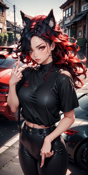 1girl,baggy clothing,black hair,red hair,multi color hair,long hair,wolf ears,goth,wild hair,black clothing,red clothing,hair over one eye,sports car in background,Color Booster,Sexy Women ,(middle finger:1.4),perfect