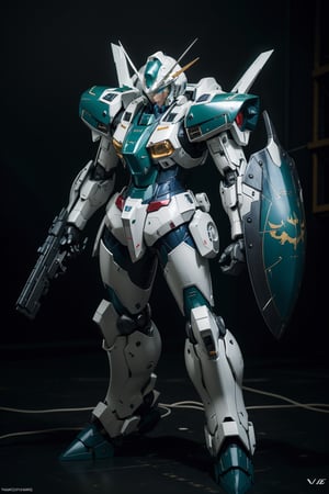 bj_Gundam_Mecha, solo, green_eyes, standing, weapon, gun, no_humans, glowing, robot, mecha, clenched_hands, science_fiction, shield, looking_ahead, v-fin, mobile_suit,
cinematic lighting,strong contrast,high level of detail,Best quality,masterpiece,,