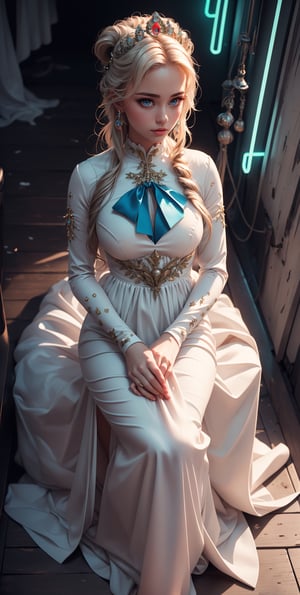 (ultra realistic,32k, masterpiece:1.2),(high detailed skin:1.1),( high quality:1.1), ultrarealistic,   professional photograph shot on Canon EOS R6, 80mm,
nyna, hair ribbon, crown, white dress, long dress, long sleeves , ,(huge breast:0.9),(looking at viewer, sitting, from above:1.1),,
,(neon light:1.1),  blank background