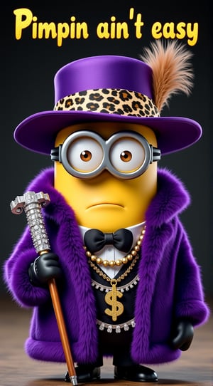 First - at the top of the image golden letters spelling out "Pimpin ain't easy"
Second - A photorealistic image of a Minion from Despicable Me, dressed as a pimp. The Minion is wearing a luxurious purple fur coat, a wide-brimmed hat with a feather and leopard pattern band, and holding a silver-tipped cane. He’s adorned with diamond rings and a golden dollar sign necklace, all reflecting light in a dazzling display. The Minion's expression is smug, full of attitude, as he strikes a confident pose. The background is minimal, ensuring the focus remains on the hilarious and over-the-top ensemble. Masterpiece quality, highly detailed, capturing the absurdity of the scene