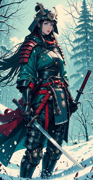 cyberpunk anime style, a stunning japanese female warrior, long flowing hair, wearing samurai armour and helmet, holding a katana with both hands on a snowy battlefield, theme in teal, red and black colour, high quality, highly detailed