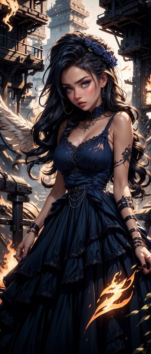 (1girl), (fantasy style:1.2), (high quality:1.3), (best quality:1.3), (masterpiece:1.3), official art, official wallpaper, 4k textures, epic(1.5), (phoenix woman), blackphoenix, black hair, (detailedfeathers), (fierywings), aggressivepose, midflight, (detailedplumage), glowingeffects, darkbackground, fire, flames, dramaticlighting, fireandicecontrast, (detailed:1.05), (extremely detailed:1.06), sharp focus, (intricate:1.03), (extremely intricate:1.04), (epic scenery:1.09), soothing tones, hdr, (beautiful scenery:1.08), (detailed scenery:1.08), (intricate scenery:1.07), (wonderful scenery:1.05), (beautiful face:1.1), (perfect eyes:0.8), (perfect skin:0.8), (detailed face:0.8), (detailed eyes:0.8), (detailed hair:0.9), (detailed lips:0.8),Sexy Women ,(Navy blue dress gown:1.4)